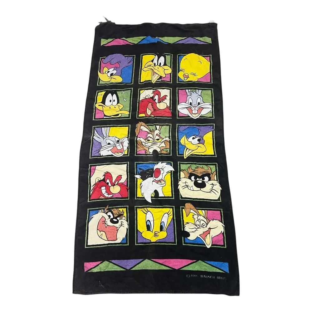 Looney Tunes Vintage 1995 Taz Tweety Wile Bugs Yosemite Beach Towel FLAW 27 x 54